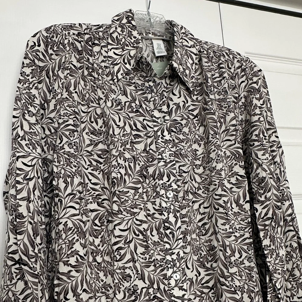H&M Brown & White Long-Sleeve Leaf Print Dress - Size XS - Very Oversized - Picture 2 of 6